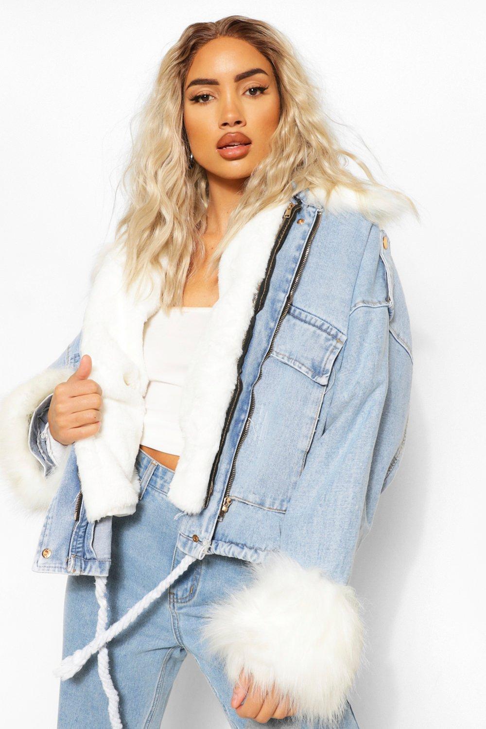 Denim and sale faux fur jacket